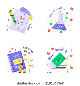De vuelta a la colección escolar de pegatinas para estudiantes con material escolar. Ilustración del vector