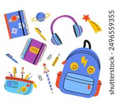  Back to school collection of supplies for boys. Cute colorful vector illustration in flat cartoon style. Bundle of textbooks, stationery supply, objects. Scrapbooking elements.