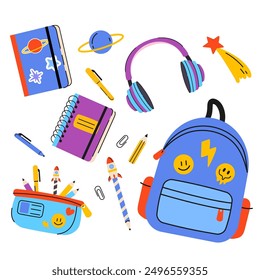  Back to school collection of supplies for boys. Cute colorful vector illustration in flat cartoon style. Bundle of textbooks, stationery supply, objects. Scrapbooking elements.