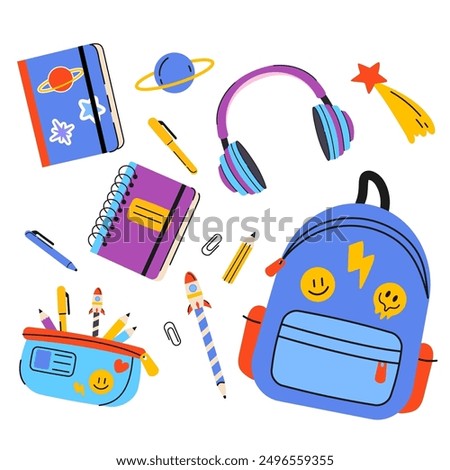  Back to school collection of supplies for boys. Cute colorful vector illustration in flat cartoon style. Bundle of textbooks, stationery supply, objects. Scrapbooking elements.