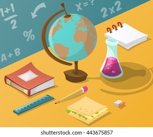 Back to school. Collection of school supplies in cartoon style. Isometric view. Vector illustration