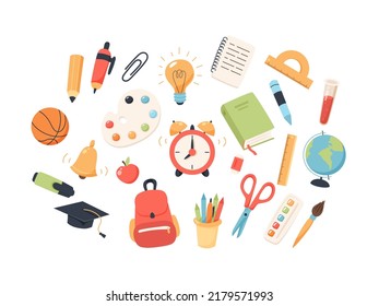 Back to school collection of supplies for children. Cute colorful vector illustration in flat cartoon style