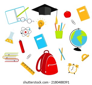 Back to school collection of supplies for children and students isolated on the white background. Vector illustration in flat style