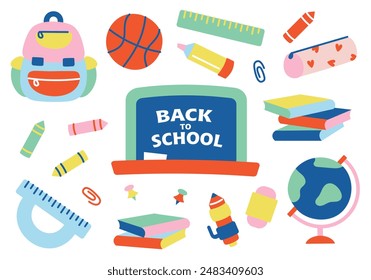 Back to school collection of supplies for children. Backpack, textbooks, pencil case, pencil, markers, notebook, clip, blackboard. Cute colorful vector illustration in hand draw style