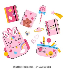 Regreso a la escuela colección de suministros para las niñas. Ilustración vectorial rosa colorida linda en estilo plano de la historieta. Paquete de libros de texto, material de papelería, objetos. Elementos de Scrapbooking.