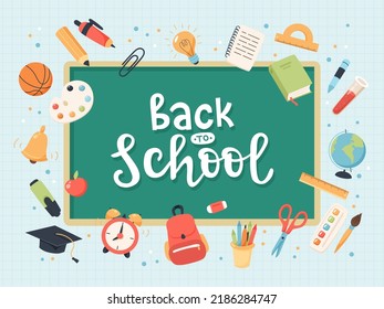 De vuelta a la escuela colección de suministros con caligrafía escrita a mano con pizarra. Ilustración vectorial de color