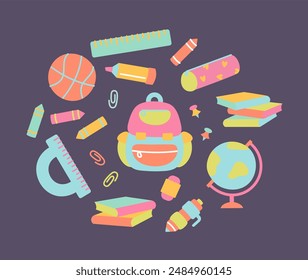 Back to school collection of supplies. Vector stickers of stationery. Trendy dark background with school supplies. Backpack, Rulers, Pencils, Chalks, Pen, Books, Notebooks, Ball, Pencil case