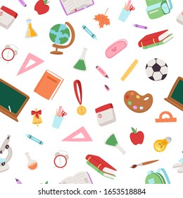 Back to school collection vector seamless pattern. Different school supplies isolated on white. Paint, pencils, notepad, bag and microscope, globe, books for education background.