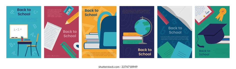 Back to School, college background, education creative posters. Students book and pencil, fun text study tools, trendy paper template, notebook covers design. Vector utter illustration set