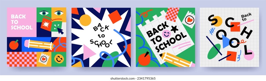 Zurück zur Schule, zur Universität, zur Bildung, zum Studienkonzept. Banner oder Plakate im trendigen Doodle-Stil mit geometrischen Formen, feinen Designelementen und moderner Typografie. Vorlagen für Anzeigen, Branding-Cover.