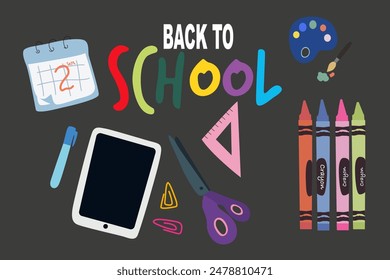 Back to school, college, education, study concept. Set of school supplies. Children's cute stationery subjects. Flat vector illustration