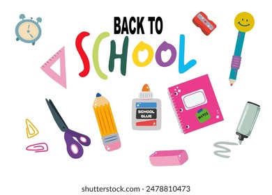 Back to school, college, education, study concept. Set of school supplies. Children's cute stationery subjects. Flat vector illustration