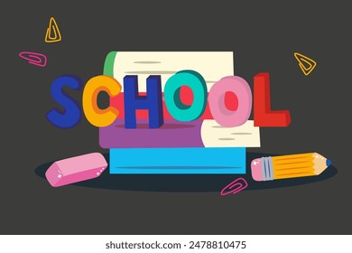 Back to school, college, education, study concept. Set of school supplies. Children's cute stationery subjects. Flat vector illustration