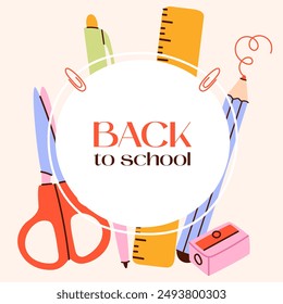 Back to school, college, education, study concept.School stationery elements: ruler, pencil, pen,scissors, sharpener.Templates for ads, branding covers.Vector illustration EPS 10.