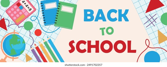 Back to school, college, learning concept. Horizontal poster or web banner in trendy style with geometric shapes, school subjects and modern typography. Vector