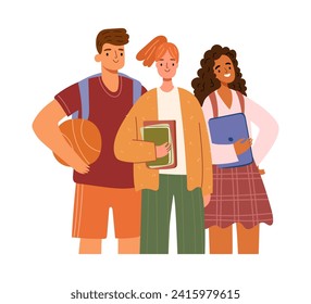 Back to school, college students with book, laptop. Higher school pupil, girls and boy from university with basketball ball and textbooks. Study and education, diversity of school pupils