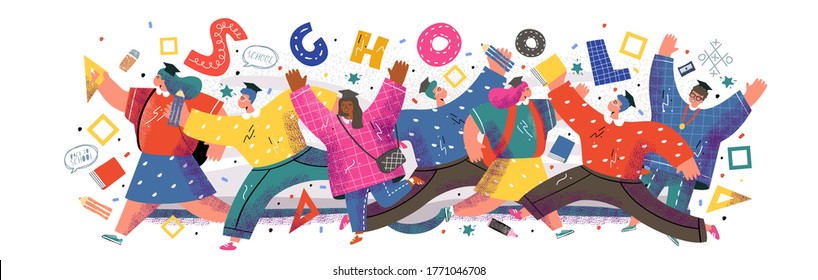 Back to school, college or university. Vector illustration of schoolchildren and students running to study and education for a poster, cover or banner. Drawing teenagers for the background
