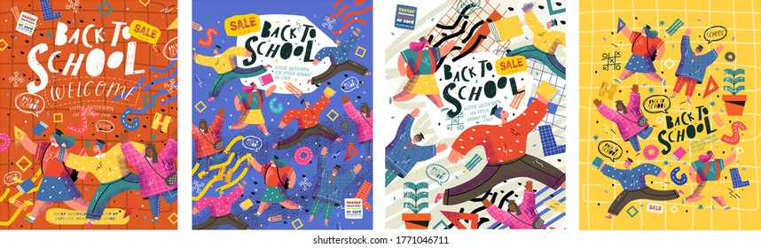 Back to school, college or university. Vector illustration of schoolchildren and students running to study and education for a poster, cover or banner. Drawing teenagers for the background
