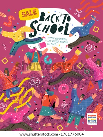 Back to school, college or university. Vector illustration of schoolchildren and students running to study and education for a poster, cover or banner. Drawing teenagers for the background
