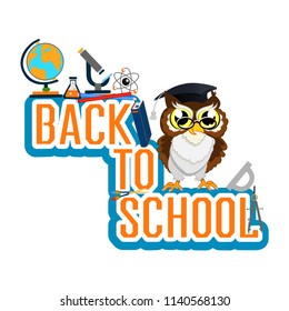 Back to school color background with owl . Vector invitation template or card.