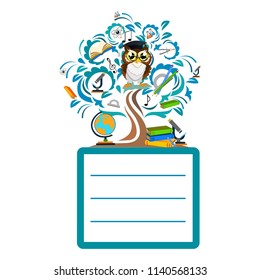 Back to school color background with owl . Vector invitation template or card.