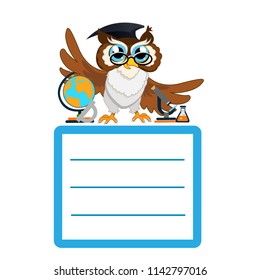 Back to school color background with owl . Vector invitation template or card.