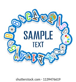 Back to school color background with school subjects. Vector invitation template or card.