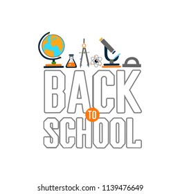 Back to school color background with school subjects. Vector invitation template or card.