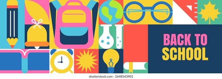 Back to school color blocks geometric greeting card background, banner, poster design. Vector illustration of backpack, book, alarm clock, globe, flask in cells. Learning education creative concept