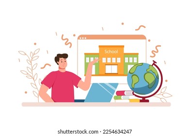 Back to school color concept with people scene in the flat cartoon design. Student returns to school after a long vacation. Vector illustration.