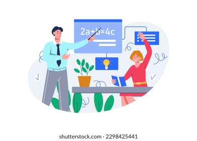 Back to school color concept with people scene in the flat cartoon style. Girl returned to math class after a long vacation. Vector illustration.