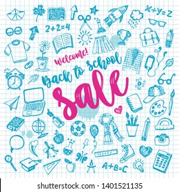Back to school. Color doodle set from sale. Freehand drawing - Vector with lettering