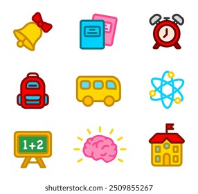 Zurück zur Schulfarbensymbolleiste. Rucksackschild für Studenten. Schulgebäudesymbol. Gelbe Busgrafik. Piktogramm im Klassenzimmer.