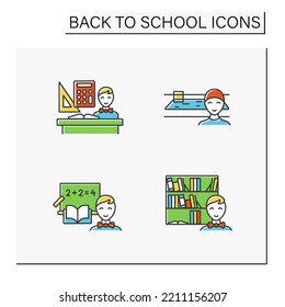 Back To School Color Icons Set. Happy Schoolboy Ready To Study. Math Lesson, Swimming Pool, Counting On Blackboard And Library. Education Concept. Isolated Vector Illustrations