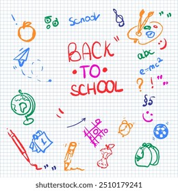 Back to School color linear composition on checkered paper sheet. Education supplies and and symbols vector illustration. Banner design