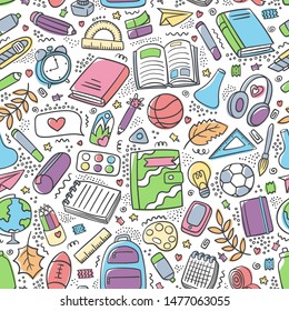 Back to school color pattern doodle. Different school supplies and tools background First day of school. Education pattern. Pen, pencil, book, ball, globe, ball, backpack, chemistry flasks, ruler.