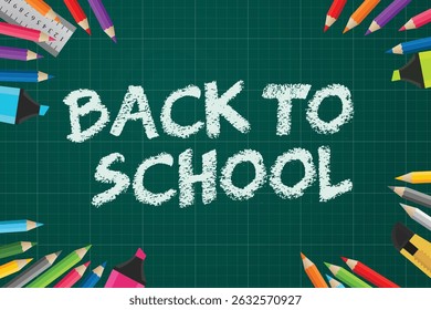 Back to school with color pencil, educational elements vector illustration