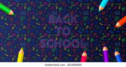 Back to school. Color pencils and doodle pencils drawn background. Hand drawn vector design elements on  black background.Vector illustration