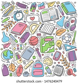 Back to school color set. School supplies and tools. First day of school. Education collection icons in line. Pen, pencil, book, ball, globe, ball, backpack, chemistry flasks, brush, ruler - vector