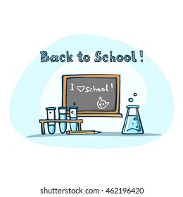 "Back to school!" color vector illustration with chalk board, chemical tubes pencil.