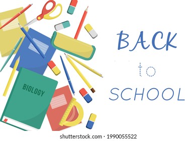 Back to school! Color vector illustrations for a poster, banner or card with objects: stationery, books, pen, ruler, globe, eraser. Concept for 1 September 