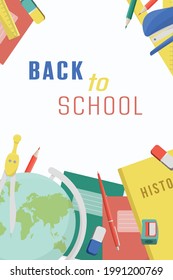 Back to school! Color vector illustrations for a poster, banner or card with objects: stationery, books, pen, ruler, globe, eraser. Concept for 1 September 