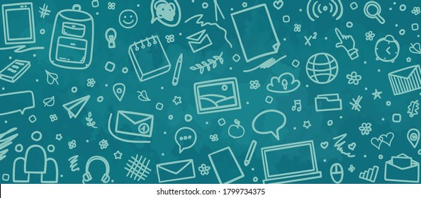 Back to school. Colored chalkboard with hand drawn school supplies. Elements are drawn in a linear style