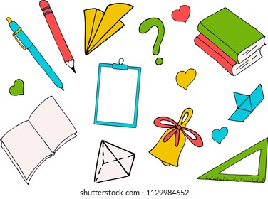 Back to school. A colored inscription on white with school supplies and books. Illustration for Knowledge Day in September