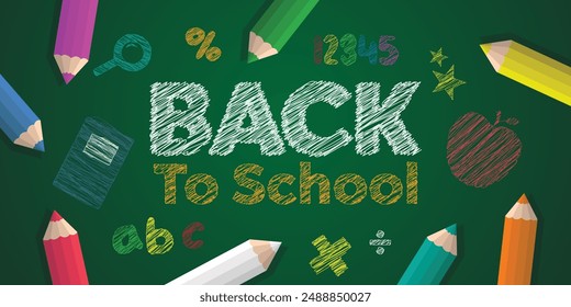 Back to school. Colored pencils, book, Apple and more. Great for cards, banners, posters, social media and more. Green background.