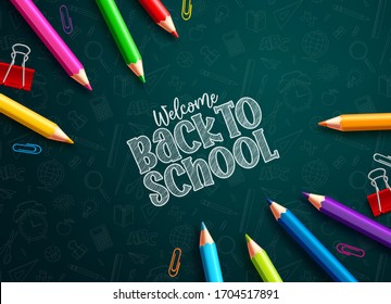 Back to school colored pencils vector design. Back to school text and colorful colored pencils and paper clips in green educational pattern background. Vector illustration.
