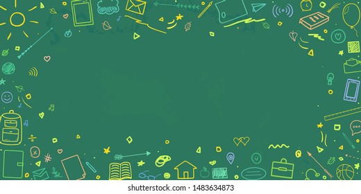 Back to school. Colorful abstract chalkboard. Sketchy background with hand drawn school supplies
