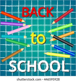 Back to school colorful background on checkered grid with colorful pencils. Grunge text on netting texture. vector illustration eps 10