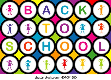  BACK TO SCHOOL colorful background with round shapes and cartoon kids