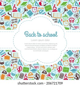 Back to school colorful background with space for text, education icons